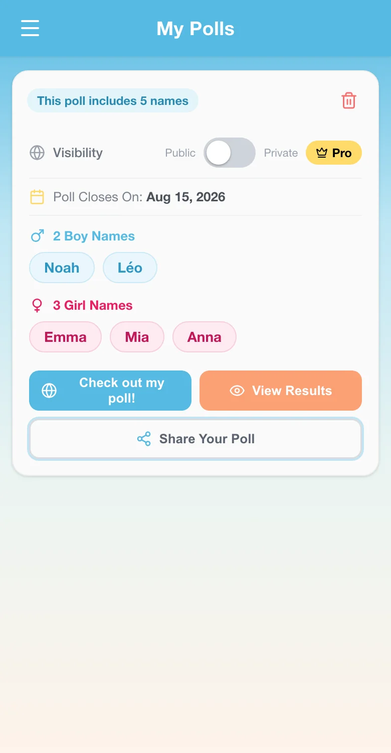 Teilen einer Babynamen-Umfrage über die Unser Babyname App