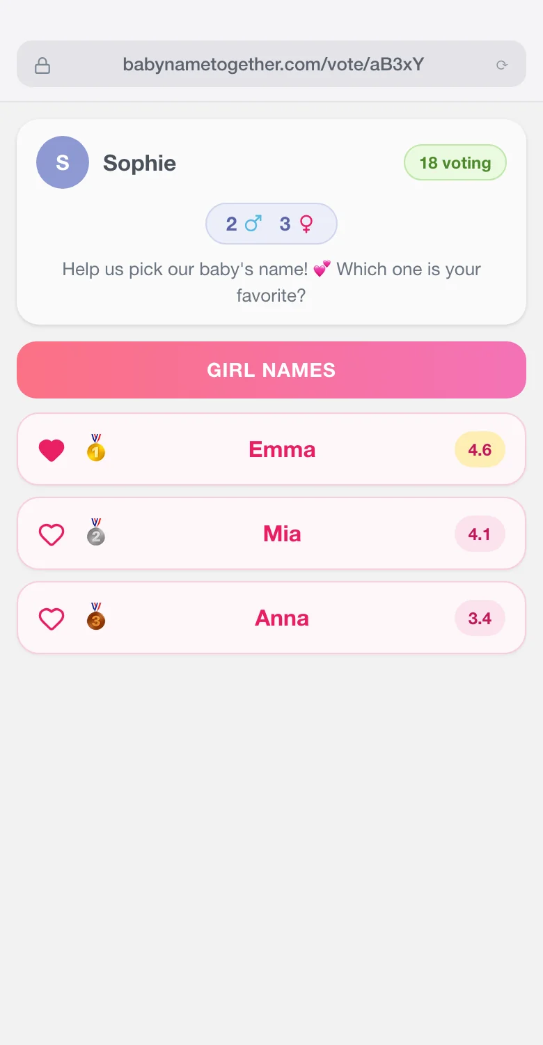 Teilen einer Babynamen-Umfrage über einen Web-URL-Link